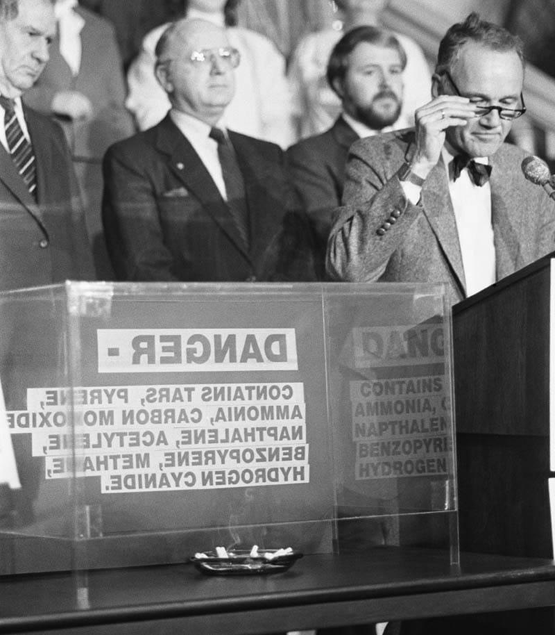 Cardiologist and University of Pennsylvania Professor of Medicine J. Edwin Wood, an AHA volunteer, raises the alarm about toxic chemicals in cigarette smoke in a 1987 demonstration in Harrisburg, Pennsylvania. (Bettmann via Getty Images)