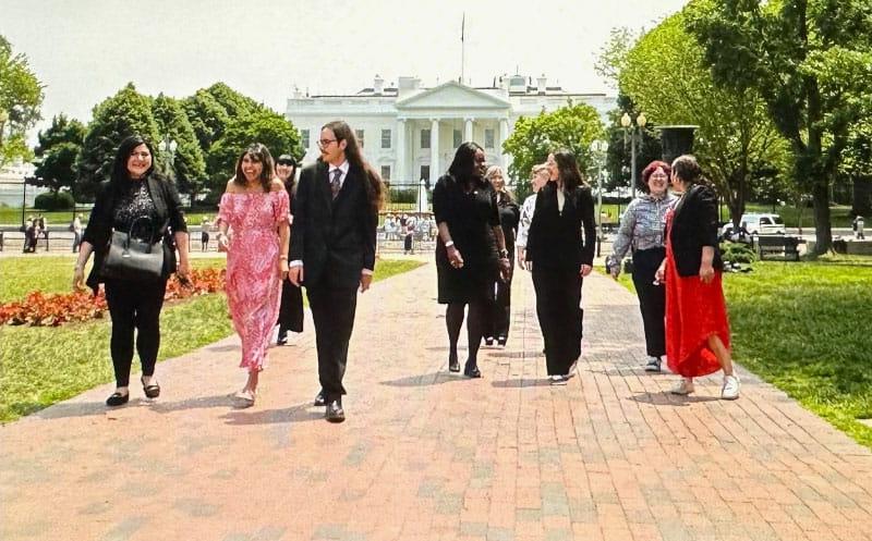 You're the Cure advocates, along with 2022-23 AHA President Dr. Michelle Albert (center), leave the White House on May 24, 2023, after taking part in a roundtable on federal SNAP food assistance. The group was participating in the AHA’s federal fly-in, which brought advocates to Washington, D.C., to meet with lawmakers about critical nutrition programs and access to automated external defibrillators. (Richard Greenhouse/American Heart Association)